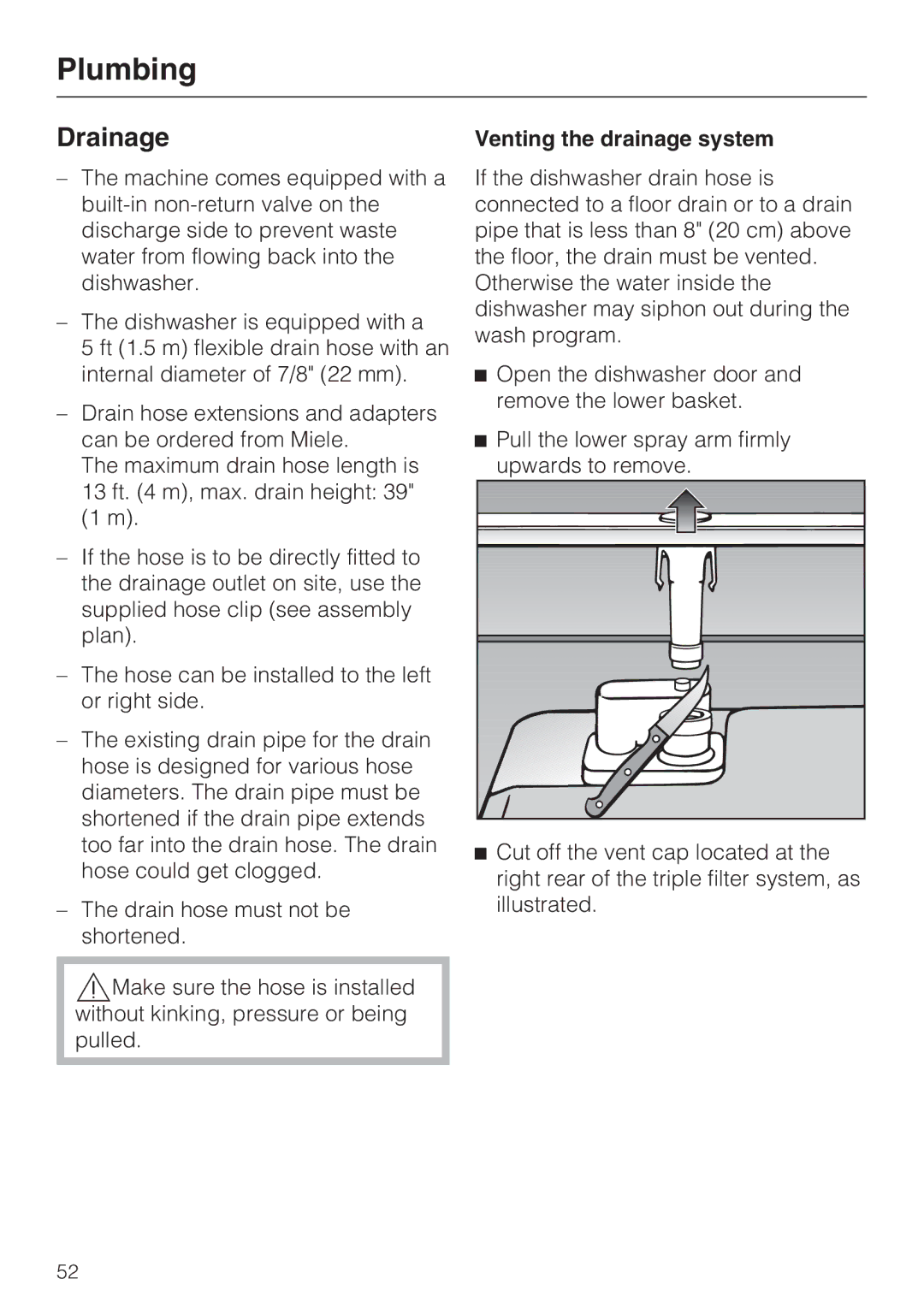 Miele G 2181, G 1181 operating instructions Drainage, Venting the drainage system 