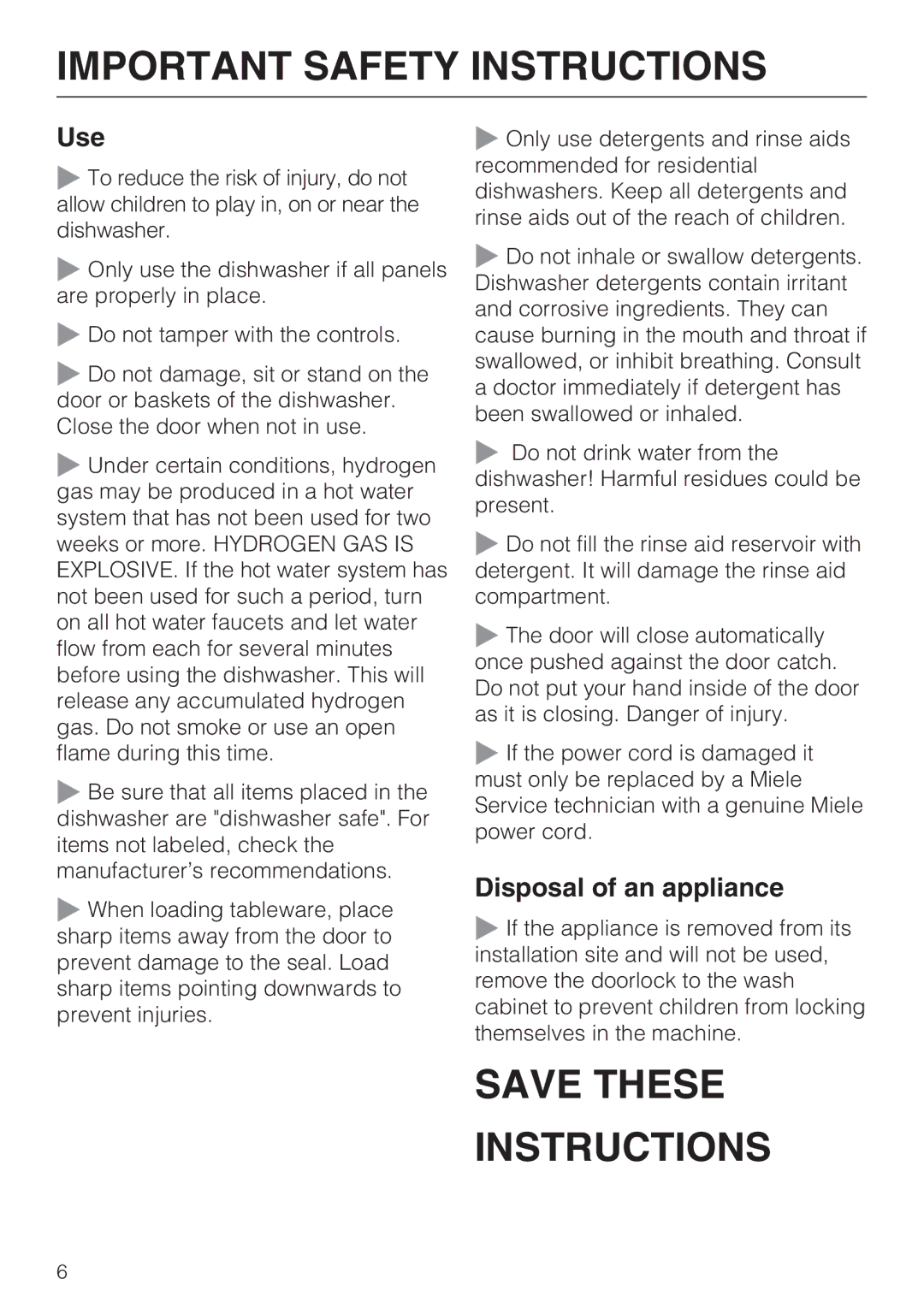 Miele G 2181, G 1181 operating instructions Use, Disposal of an appliance 