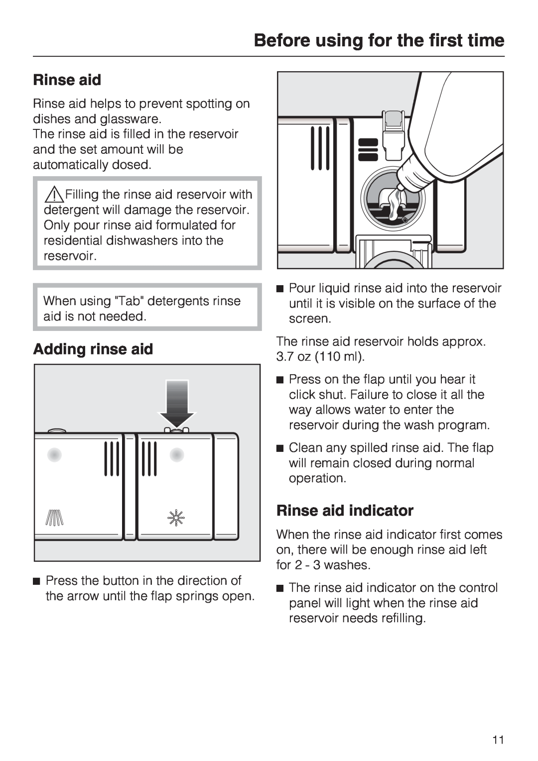 Miele G 1181, G 2181 operating instructions Adding rinse aid, Rinse aid indicator, Before using for the first time 