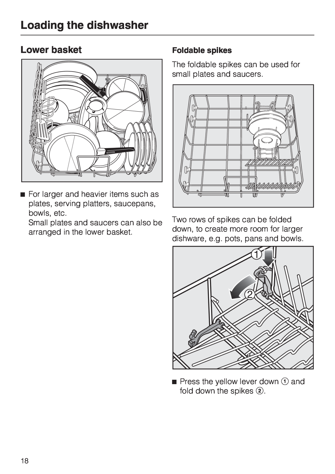 Miele G 2181, G 1181 operating instructions Lower basket, Loading the dishwasher, Foldable spikes 