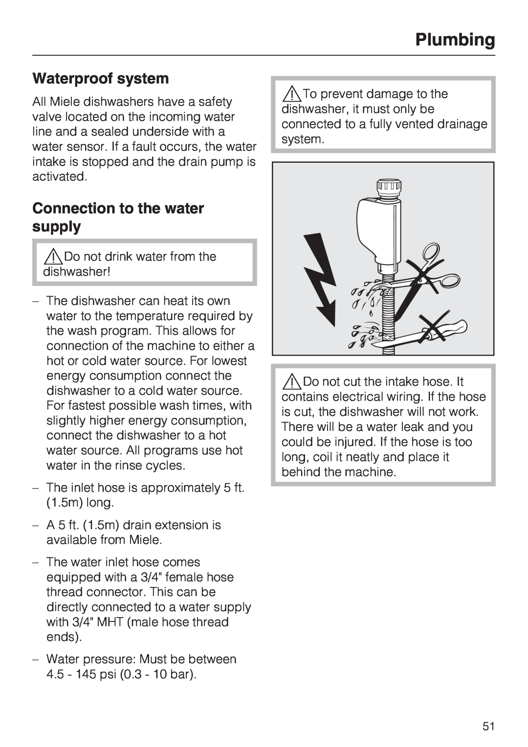 Miele G 1181, G 2181 operating instructions Plumbing, Waterproof system, Connection to the water supply 