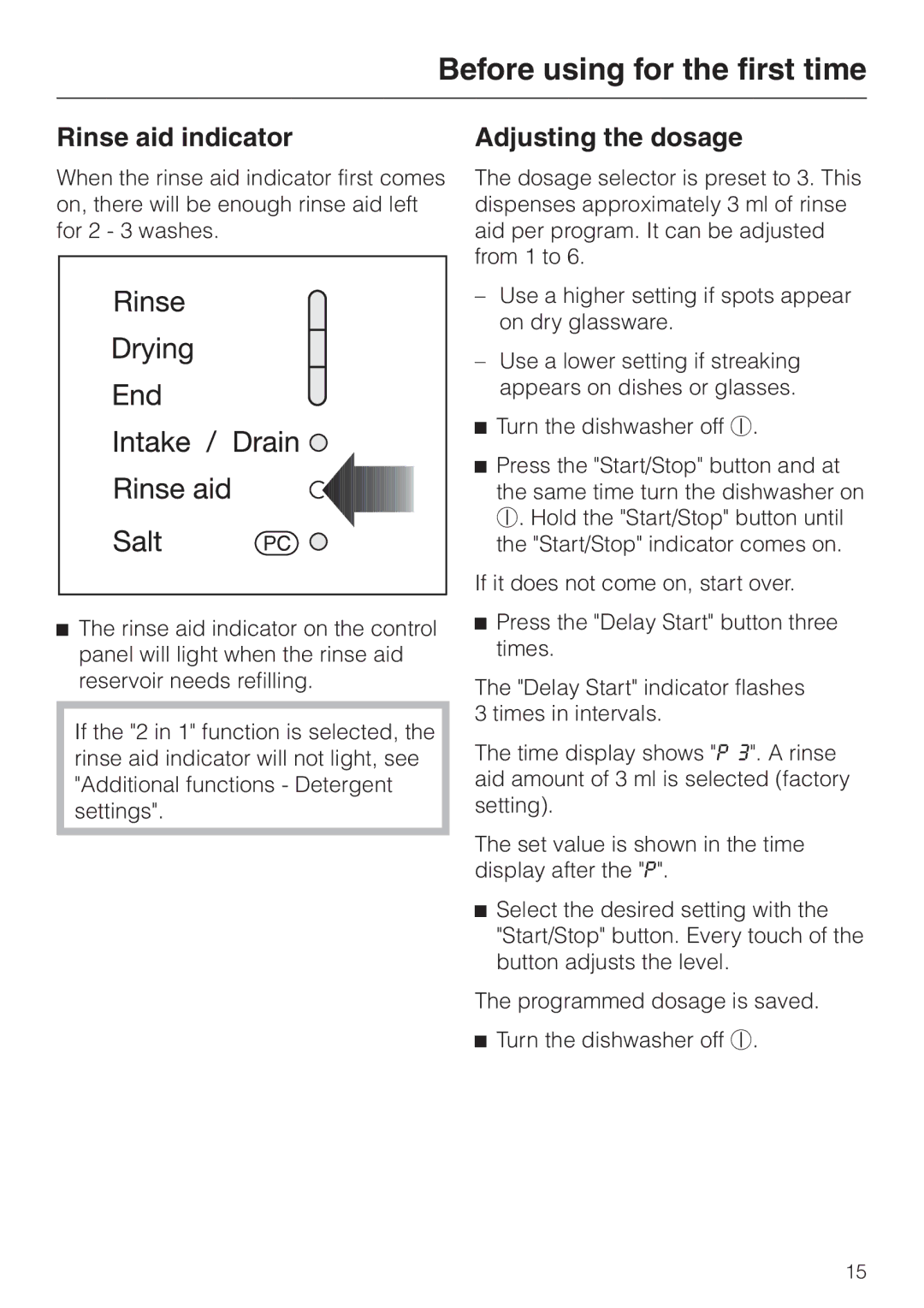 Miele G 2430, G 2420 manual Rinse aid indicator, Adjusting the dosage 