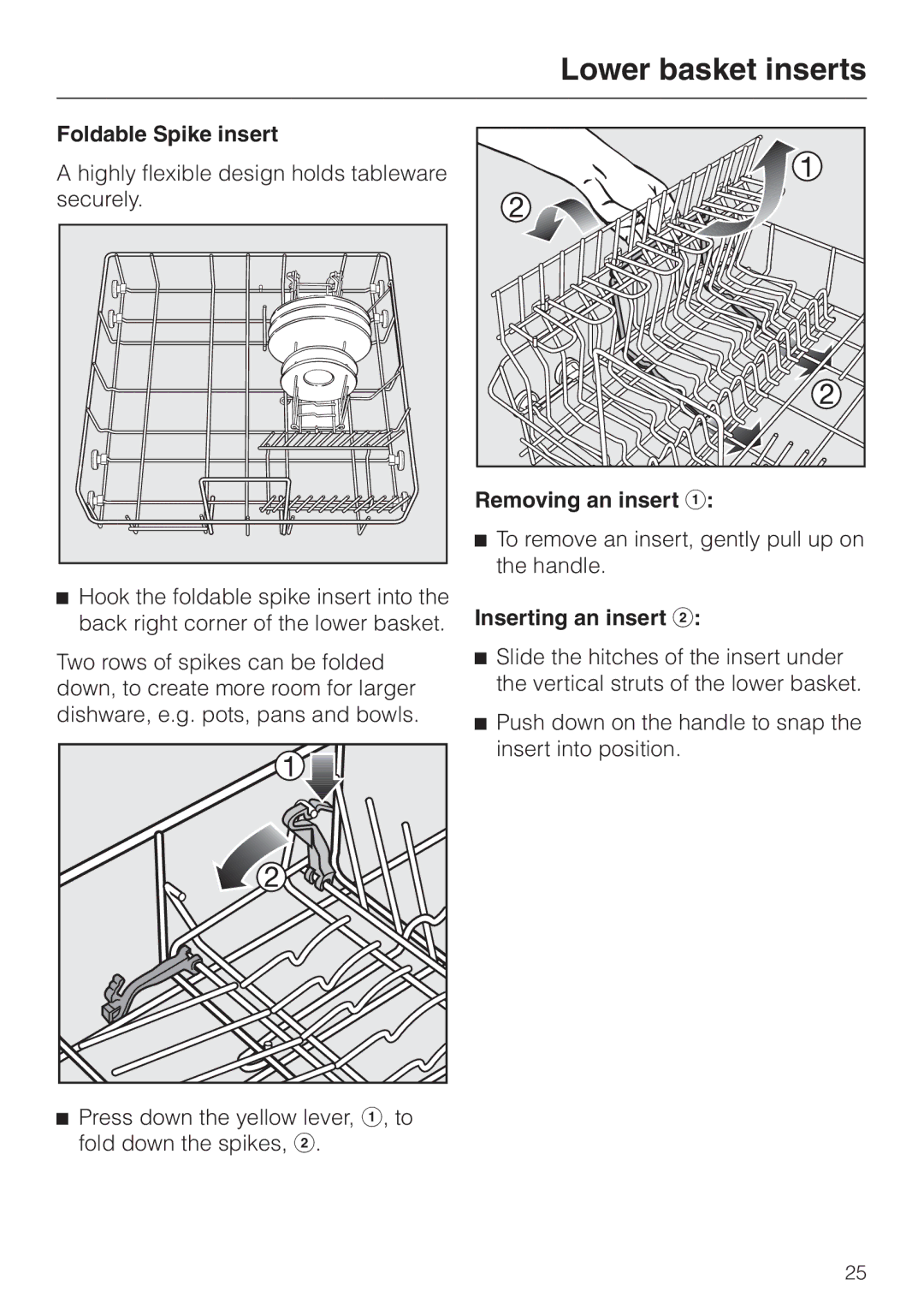 Miele G 2430, G 2420 manual Foldable Spike insert, Removing an insert a, Inserting an insert b 