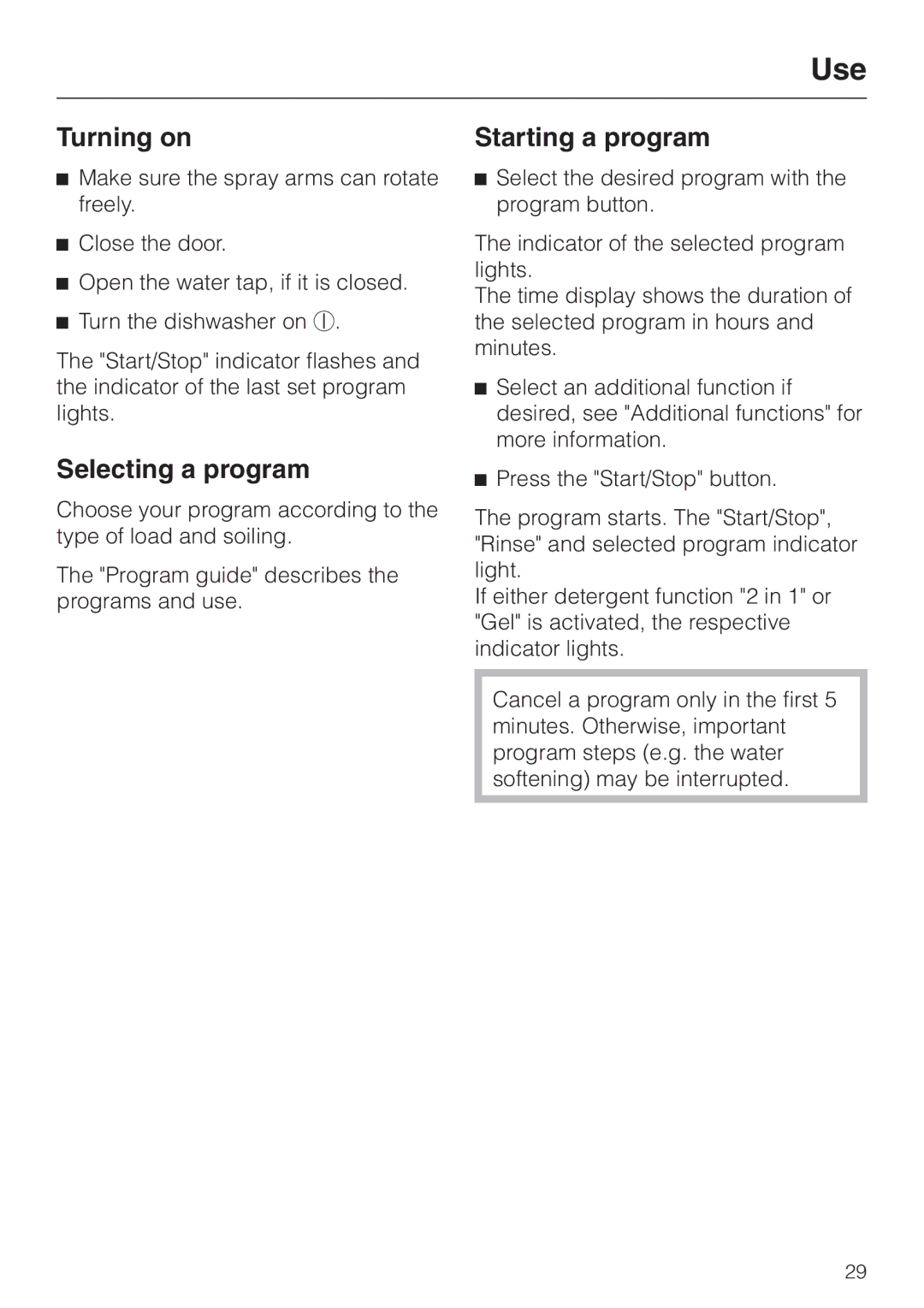Miele G 2430, G 2420 manual Turning on, Selecting a program, Starting a program 