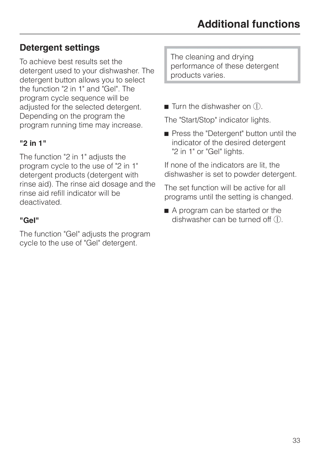 Miele G 2430, G 2420 manual Additional functions, Detergent settings, Gel 