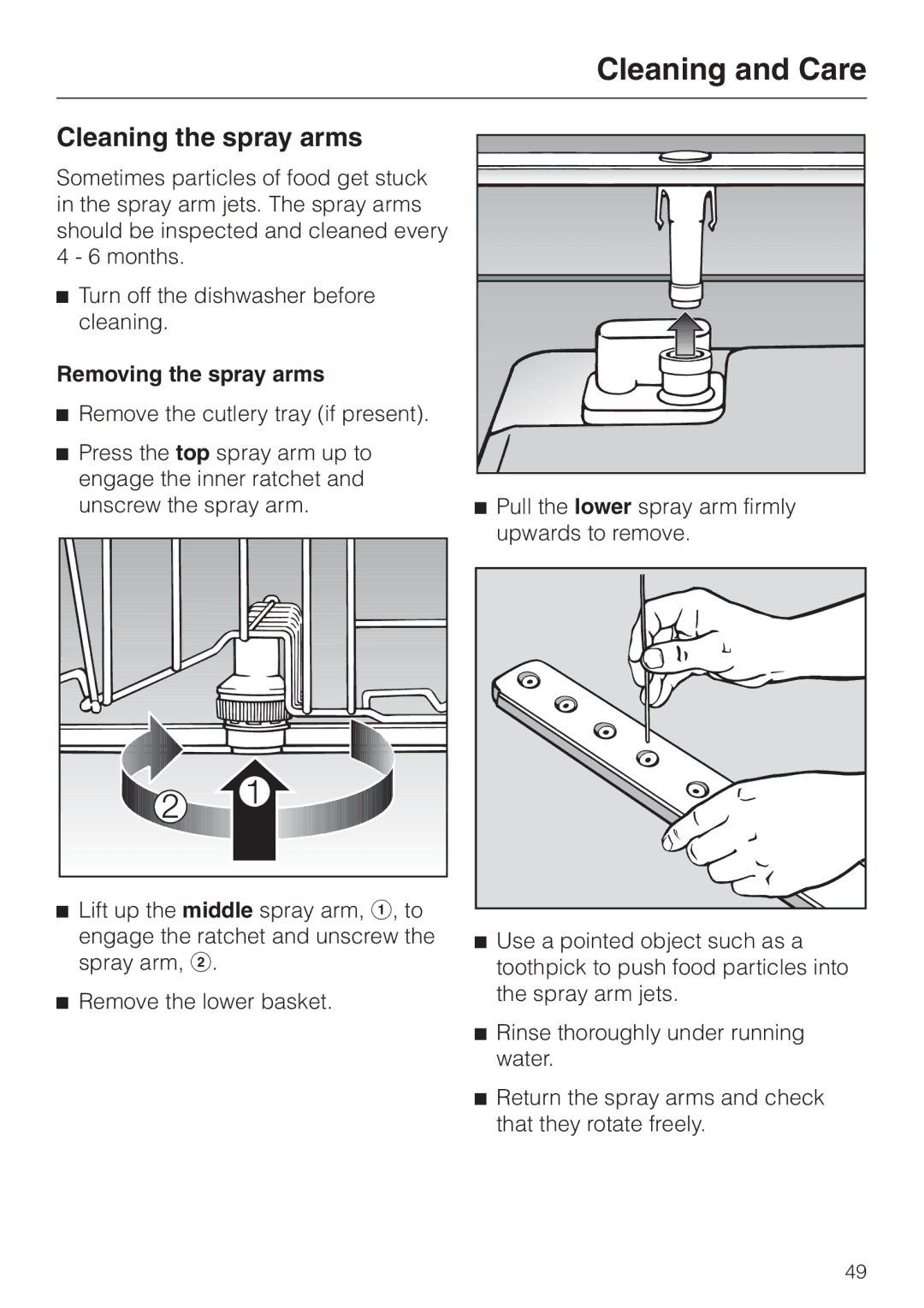 Miele G 2430, G 2420 manual Cleaning the spray arms, Removing the spray arms 