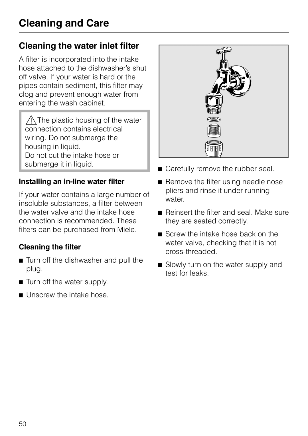 Miele G 2420, G 2430 manual Cleaning the water inlet filter, Installing an in-line water filter, Cleaning the filter 