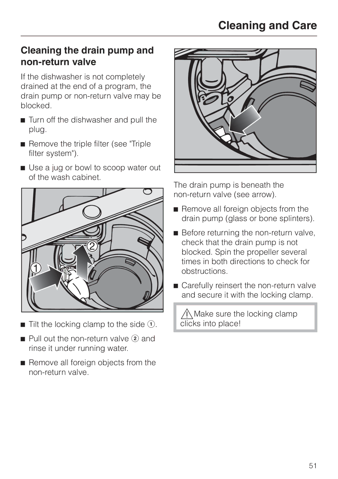 Miele G 2430, G 2420 manual Cleaning the drain pump and non-return valve 