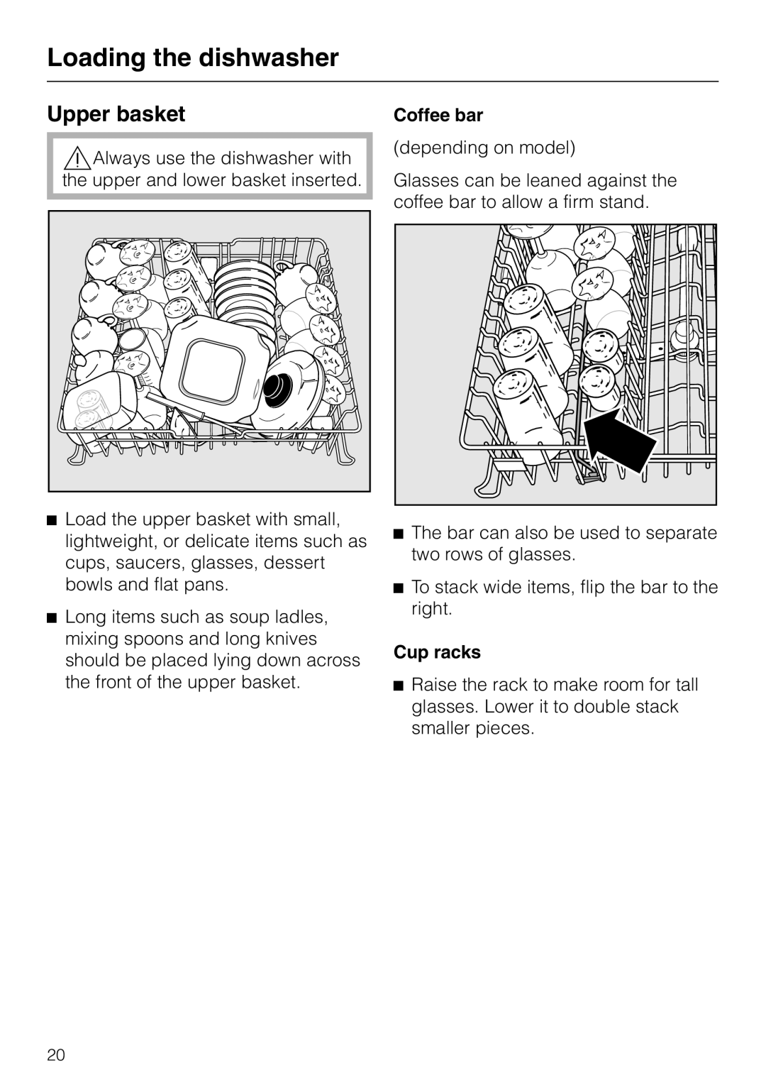 Miele G 2420 G 2430 operating instructions Upper basket, Coffee bar, Cup racks 