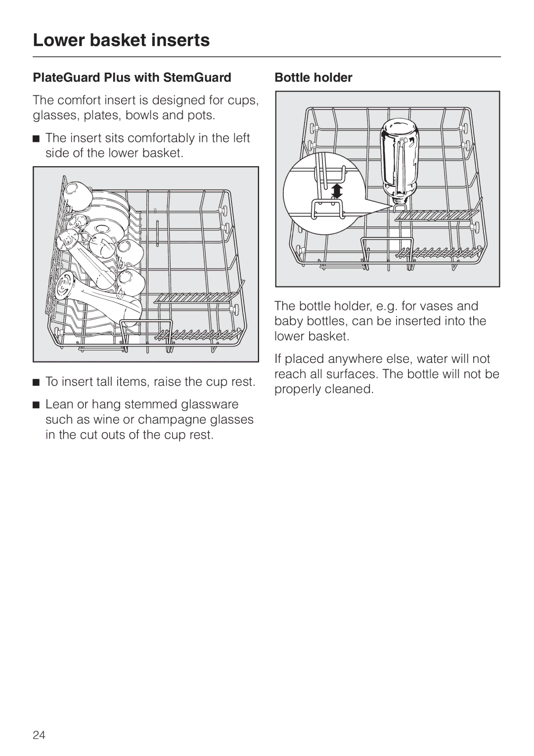 Miele G 2420 G 2430 operating instructions Lower basket inserts, PlateGuard Plus with StemGuard Bottle holder 