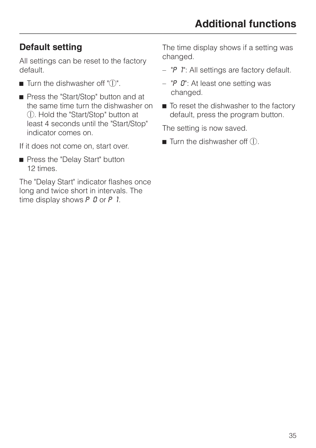 Miele G 2420 G 2430 operating instructions Default setting 