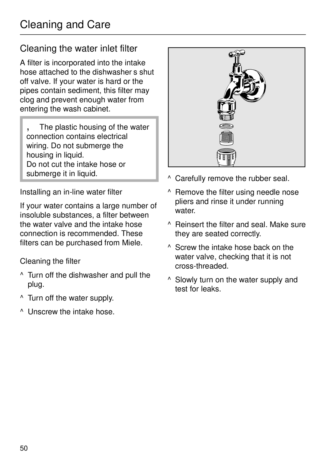 Miele G 2420 G 2430 Cleaning the water inlet filter, Installing an in-line water filter, Cleaning the filter 