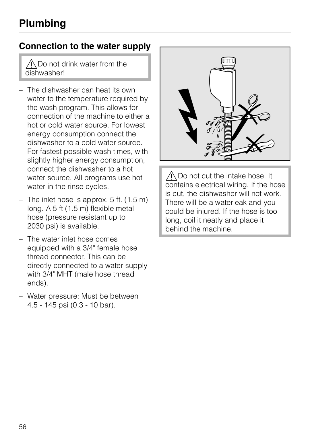 Miele G 2420 G 2430 operating instructions Plumbing, Connection to the water supply 