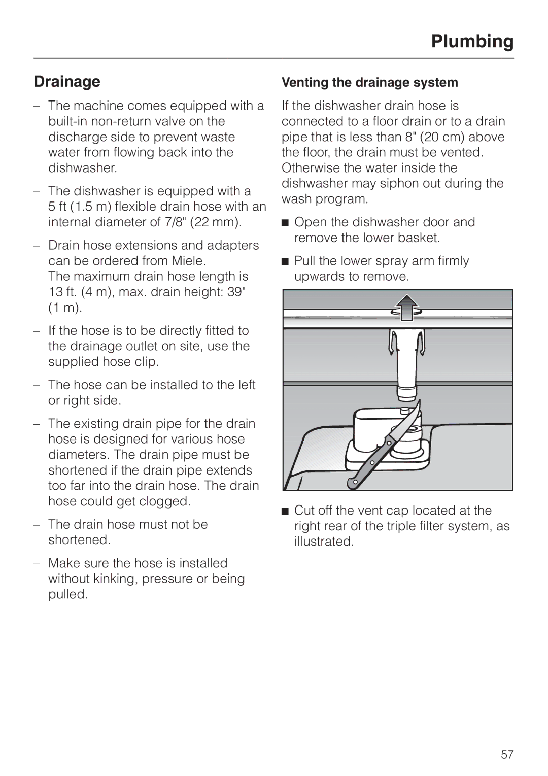 Miele G 2420 G 2430 operating instructions Drainage, Venting the drainage system 