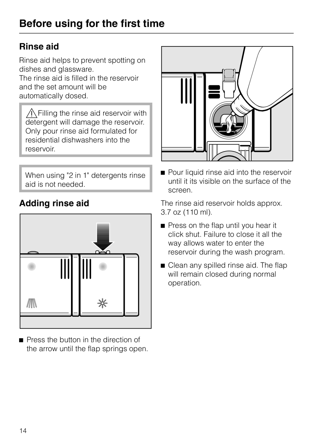 Miele G 2420 G 2430 operating instructions Rinse aid, Adding rinse aid, Before using for the first time 
