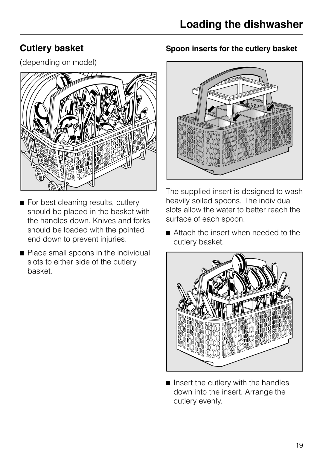 Miele G 2420 G 2430 operating instructions Cutlery basket, Loading the dishwasher, Spoon inserts for the cutlery basket 