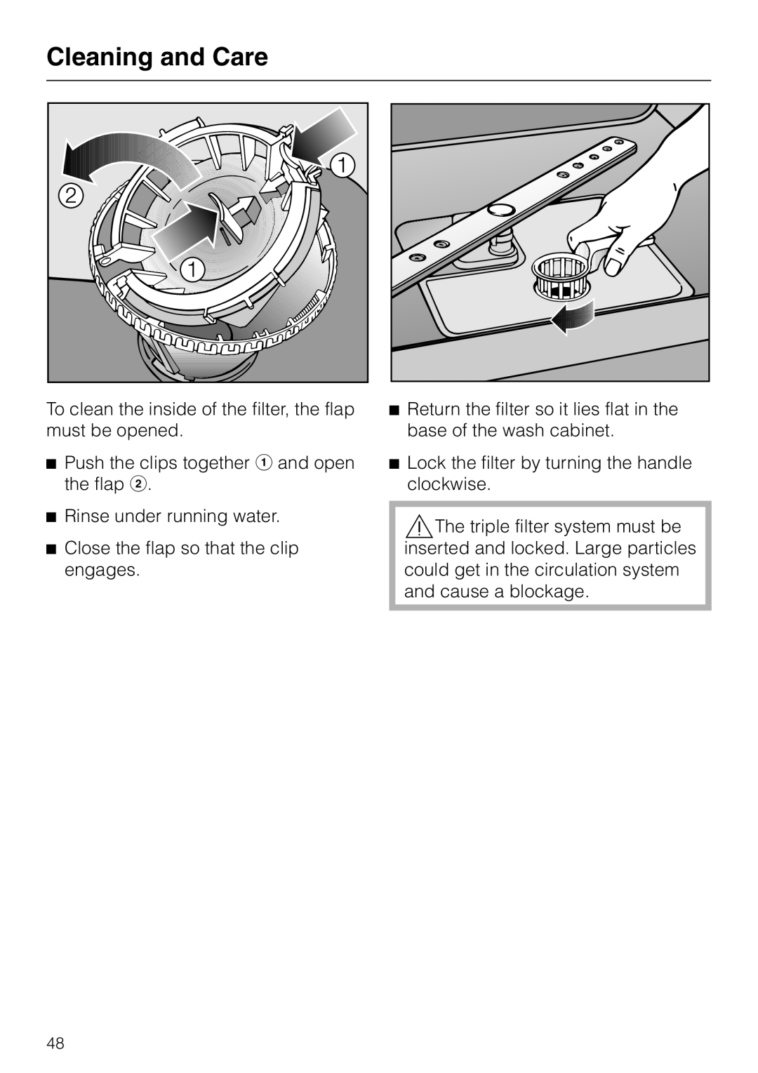 Miele G 2420 G 2430 operating instructions Cleaning and Care, Push the clips together a and open the flap b 