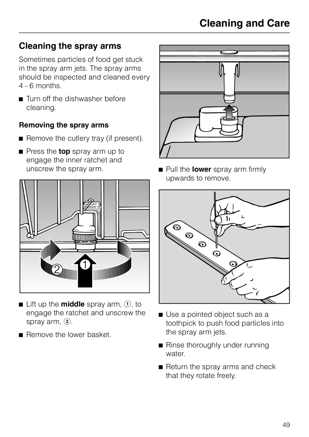 Miele G 2420 G 2430 operating instructions Cleaning the spray arms, Cleaning and Care, Removing the spray arms 