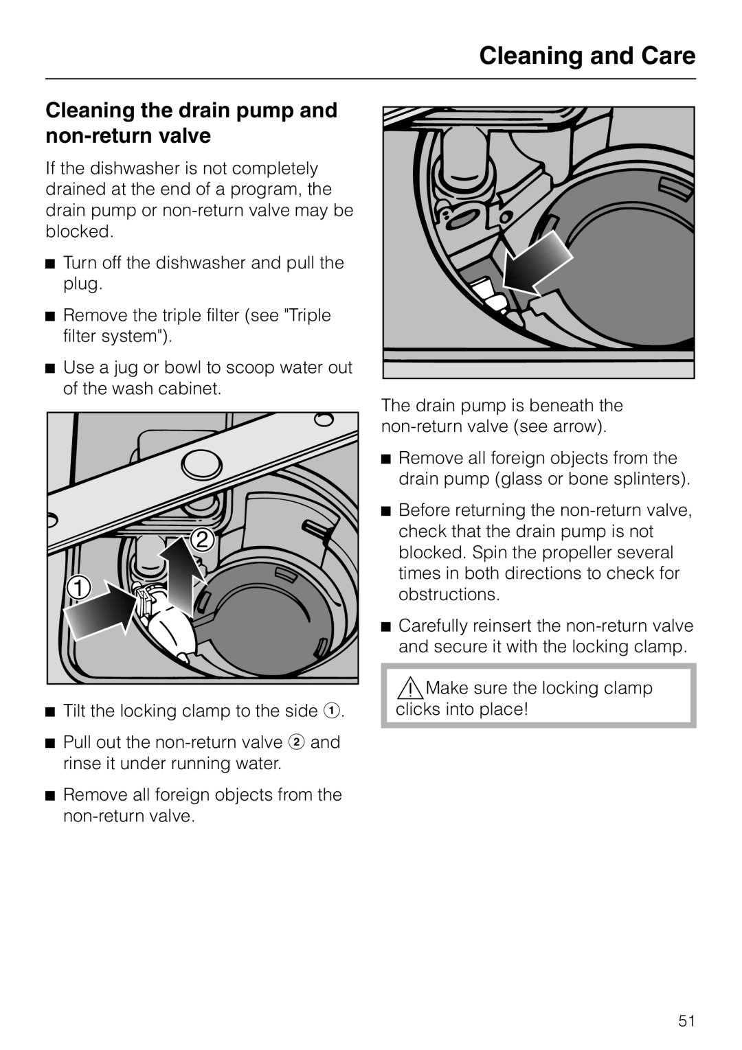Miele G 2420 G 2430 operating instructions Cleaning the drain pump and non-returnvalve, Cleaning and Care 