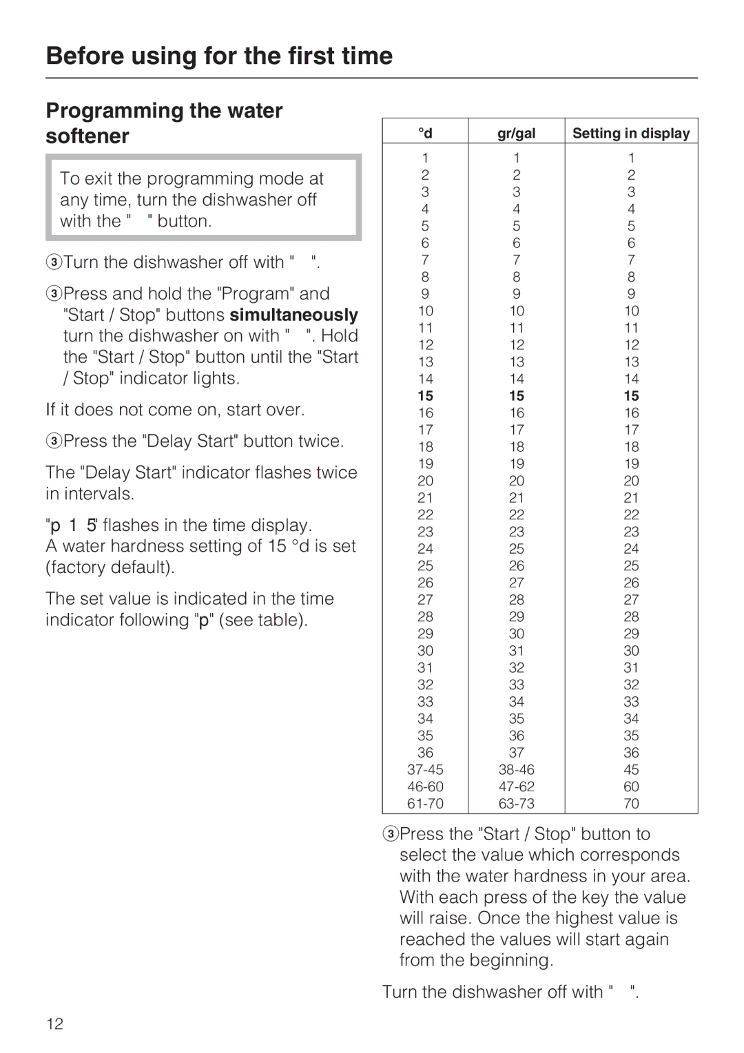 Miele G 2432 manual Programming the water softener 