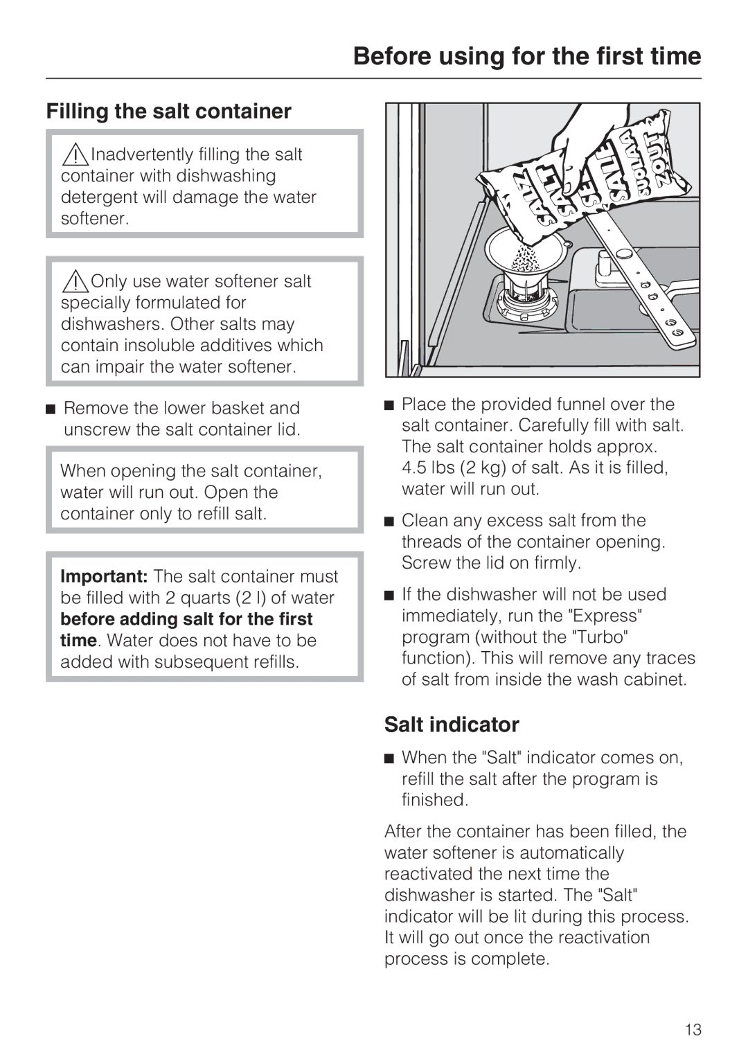 Miele G 2432 manual Filling the salt container, Salt indicator 