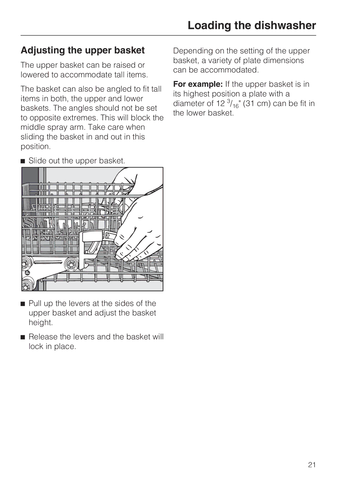 Miele G 2432 manual Adjusting the upper basket 