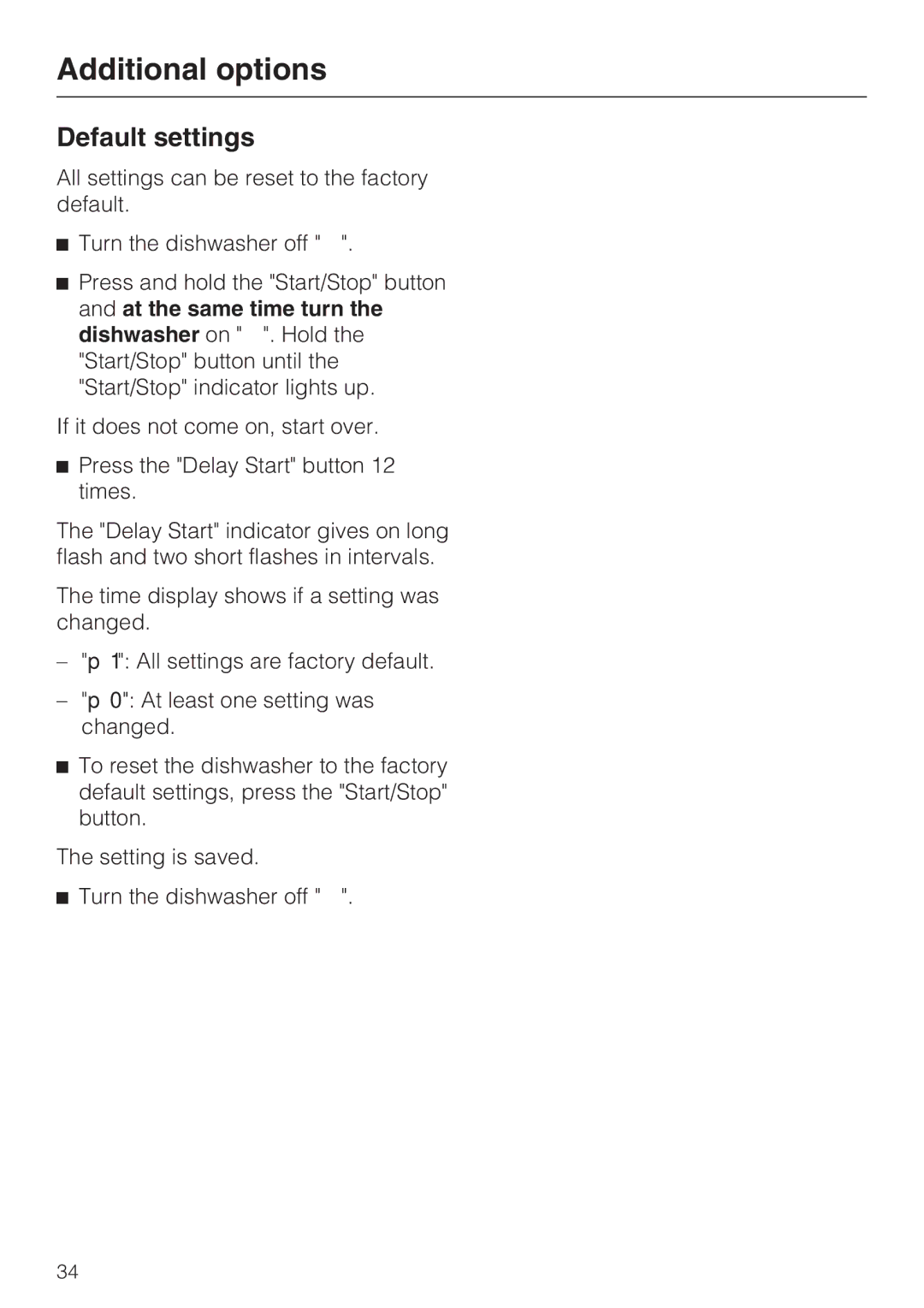 Miele G 2432 manual Default settings 