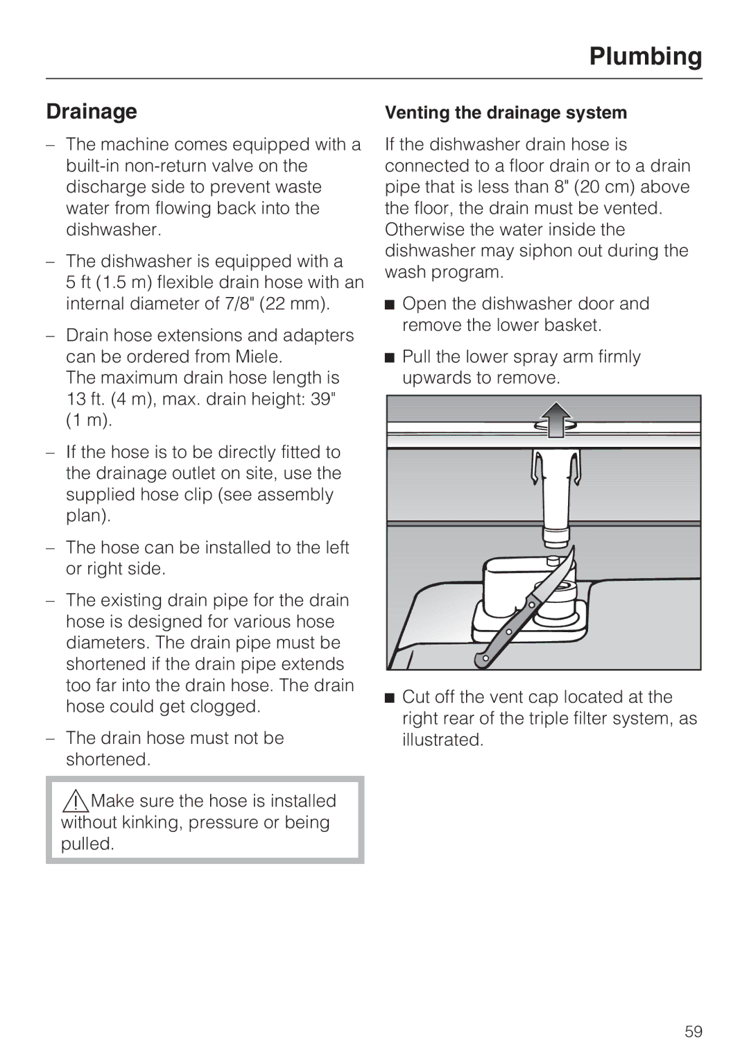 Miele G 2432 manual Drainage, Venting the drainage system 