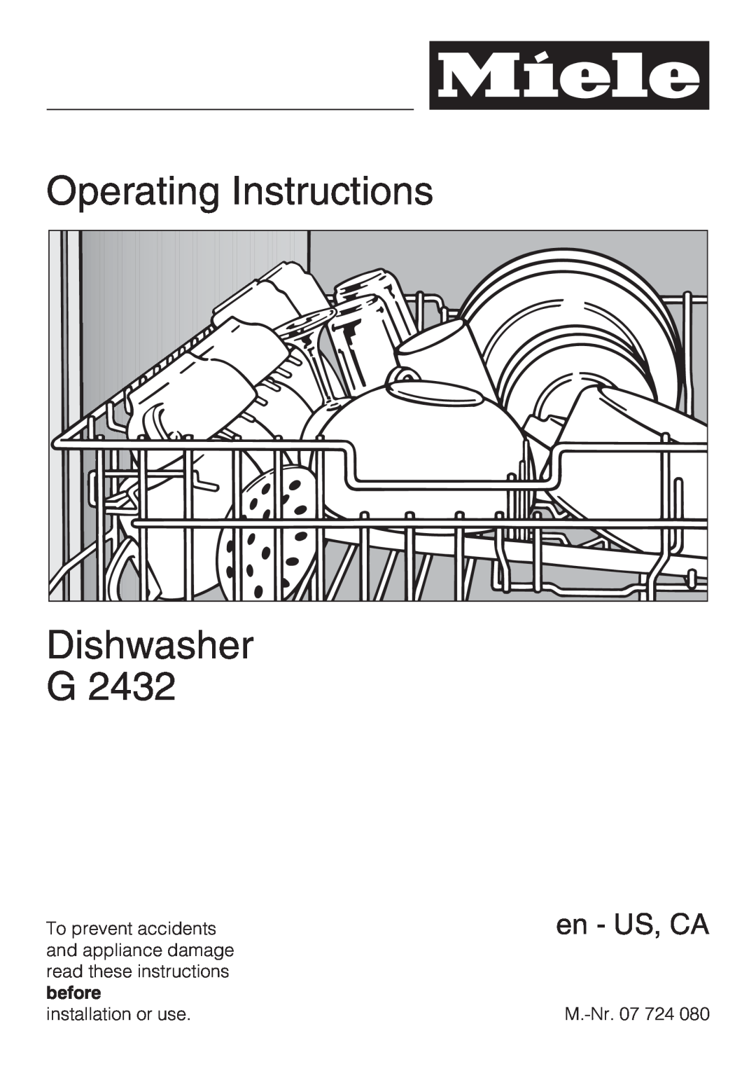 Miele G 2432 manual Operating Instructions, Dishwasher, en - US, CA 