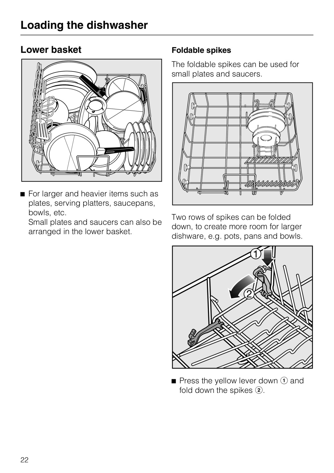 Miele G 2432 manual Lower basket, Loading the dishwasher, Foldable spikes 