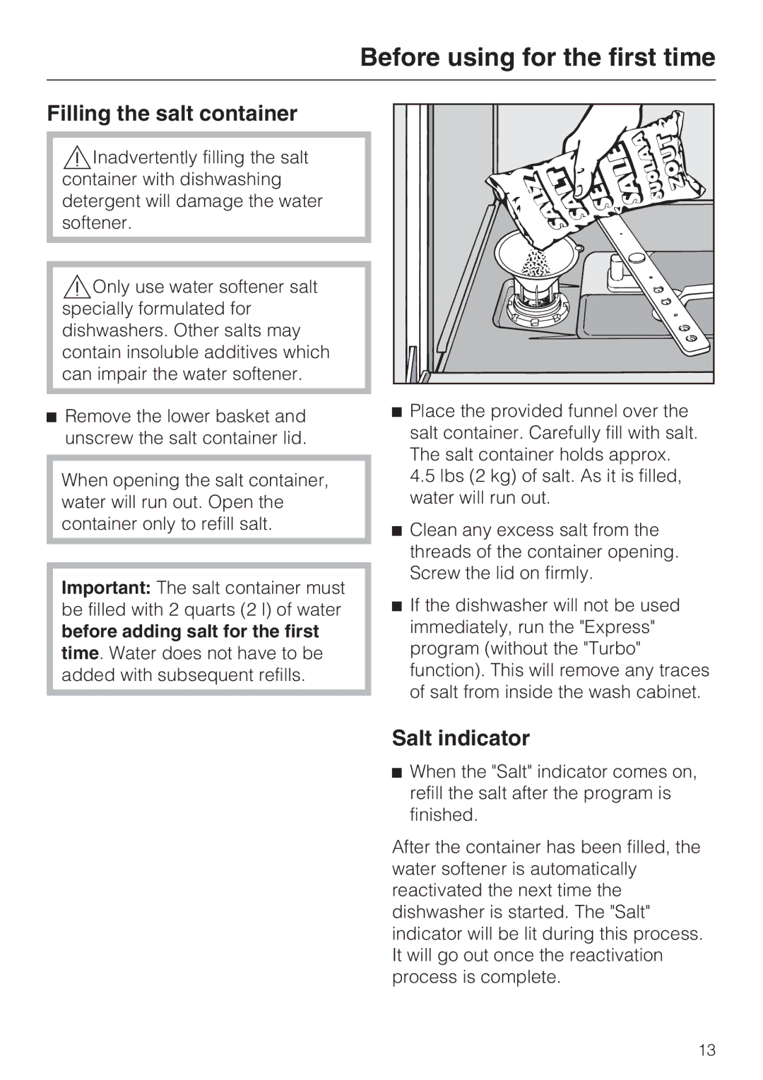 Miele G 1472, G 2472 manual Filling the salt container, Salt indicator 