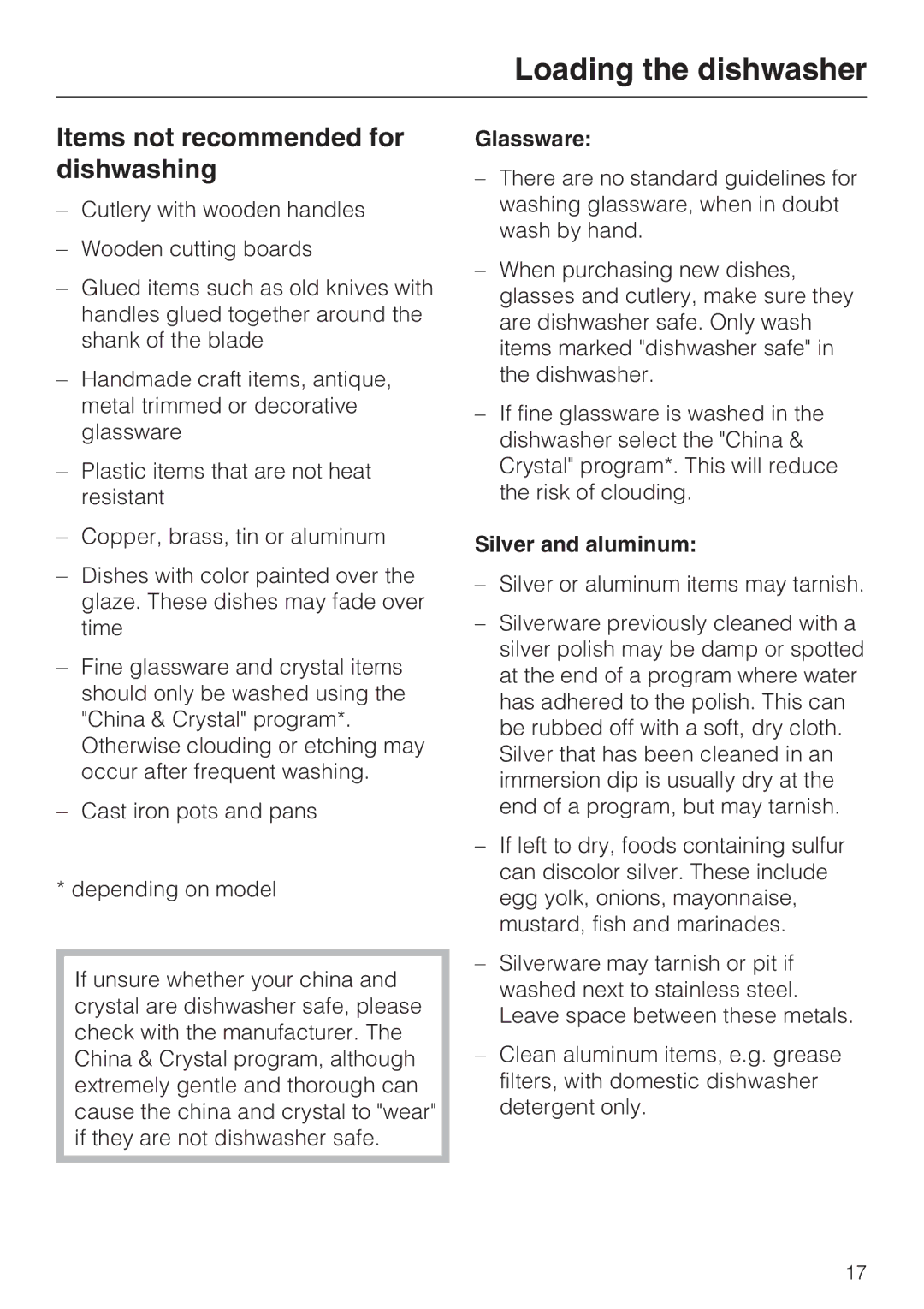 Miele G 1472, G 2472 manual Items not recommended for dishwashing, Glassware, Silver and aluminum 