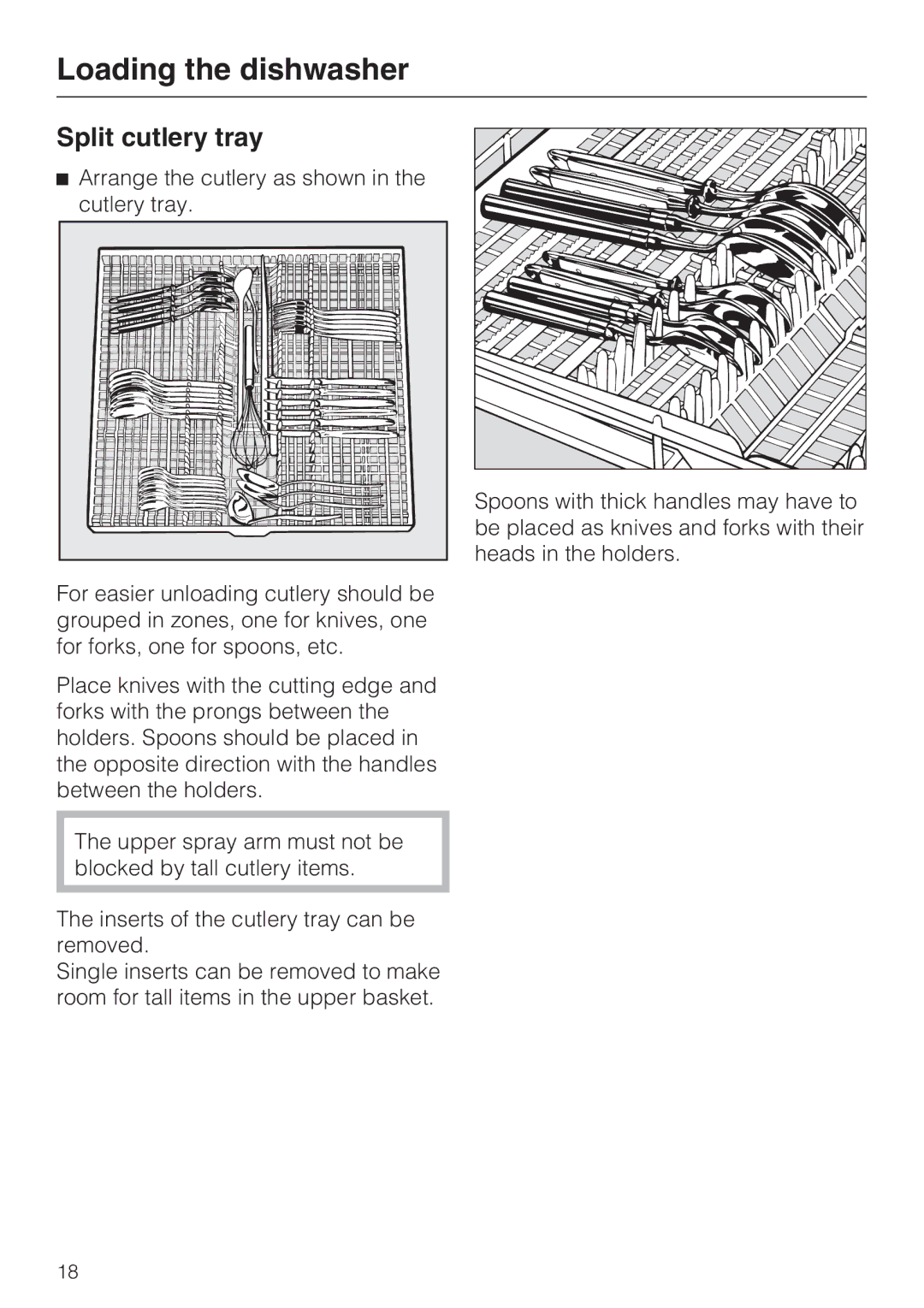 Miele G 2472, G 1472 manual Split cutlery tray 