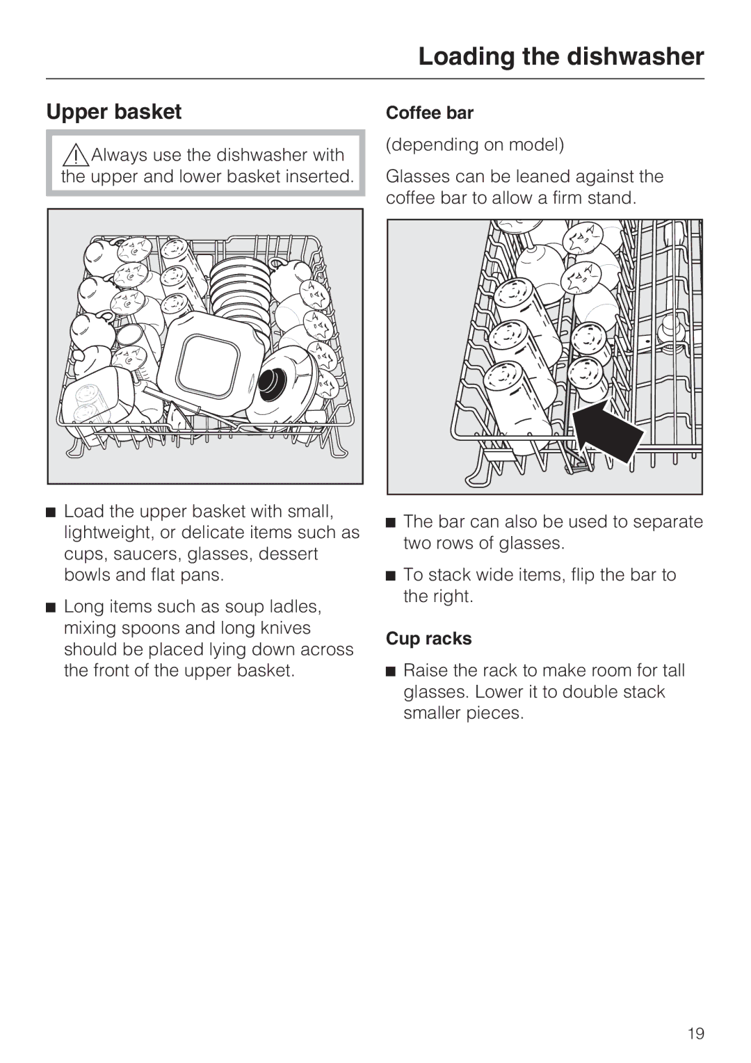 Miele G 1472, G 2472 manual Upper basket, Coffee bar, Cup racks 