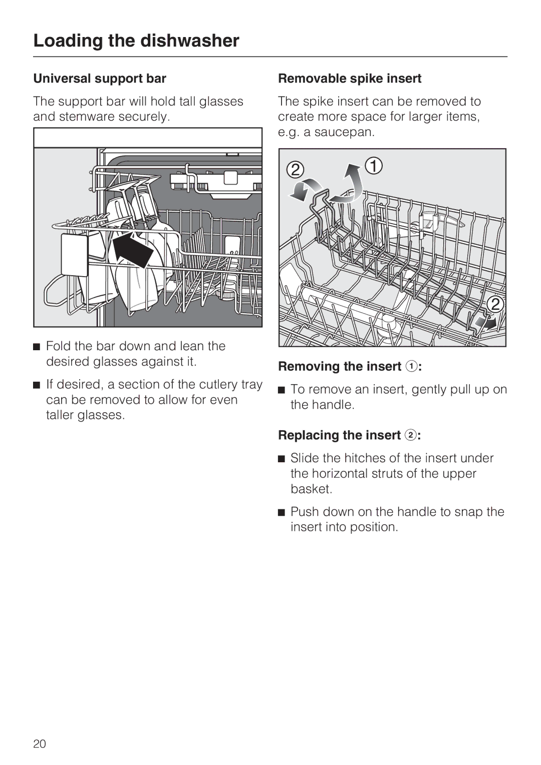 Miele G 2472, G 1472 manual Universal support bar, Removable spike insert, Removing the insert, Replacing the insert 