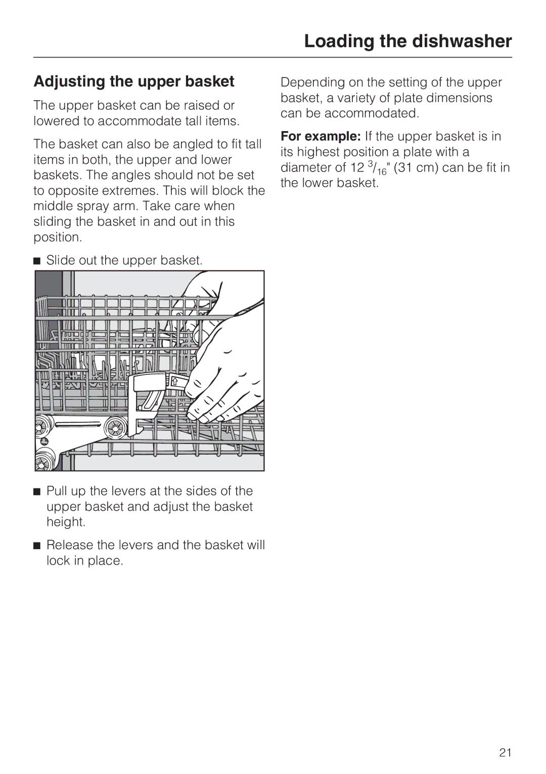 Miele G 1472, G 2472 manual Adjusting the upper basket 