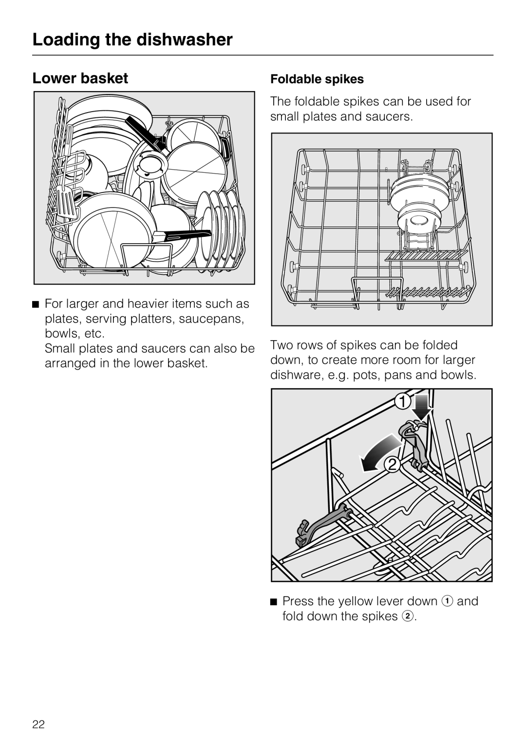 Miele G 2472, G 1472 manual Lower basket, Foldable spikes 