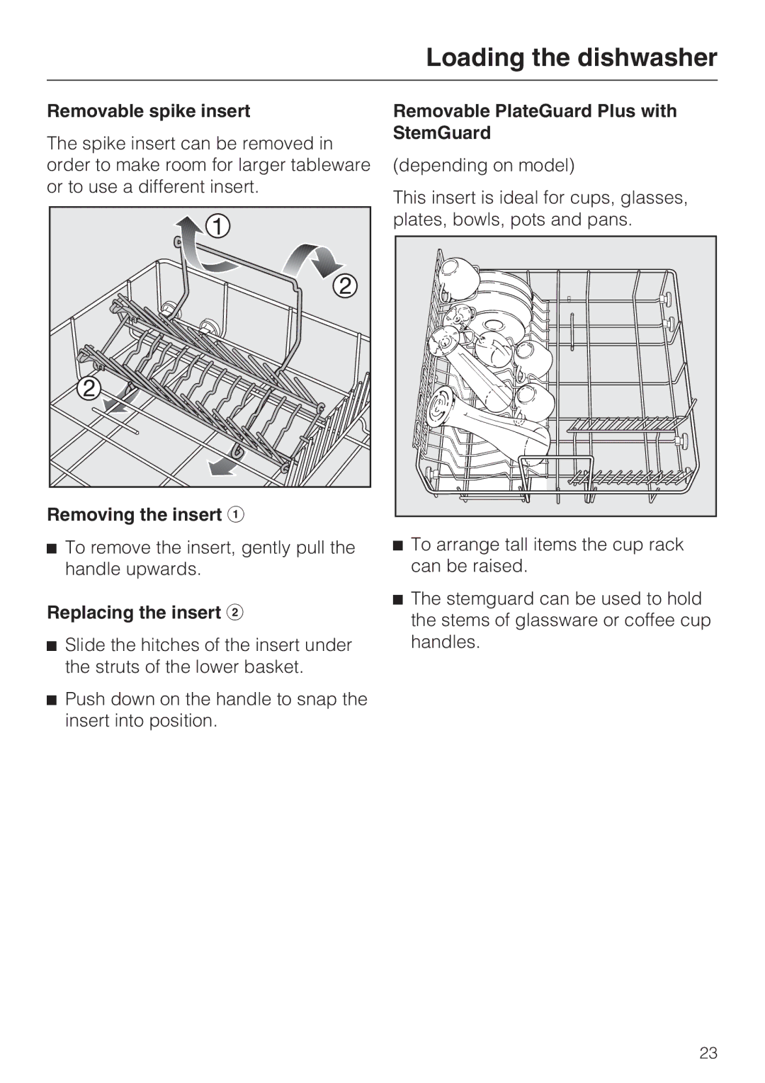 Miele G 1472, G 2472 manual Removable spike insert, Removable PlateGuard Plus with StemGuard 