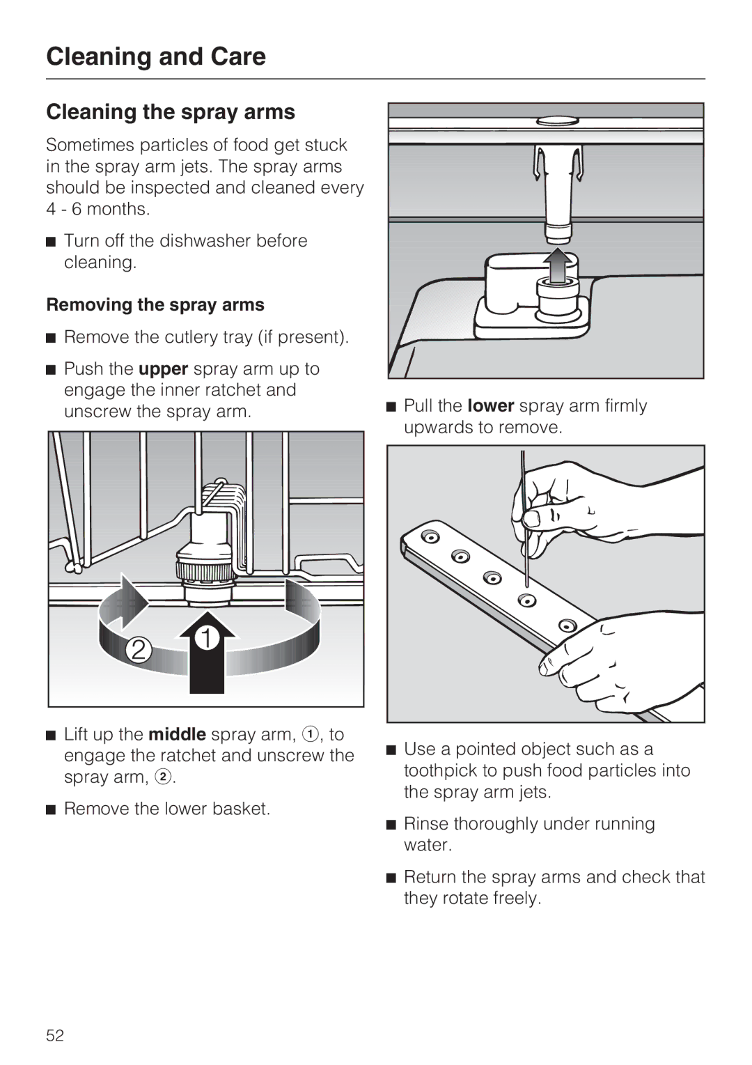 Miele G 2472, G 1472 manual Cleaning the spray arms, Removing the spray arms 