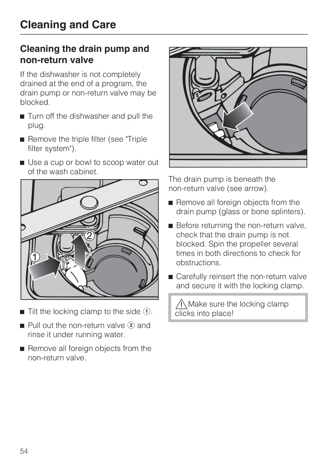 Miele G 2472, G 1472 manual Cleaning the drain pump and non-return valve 