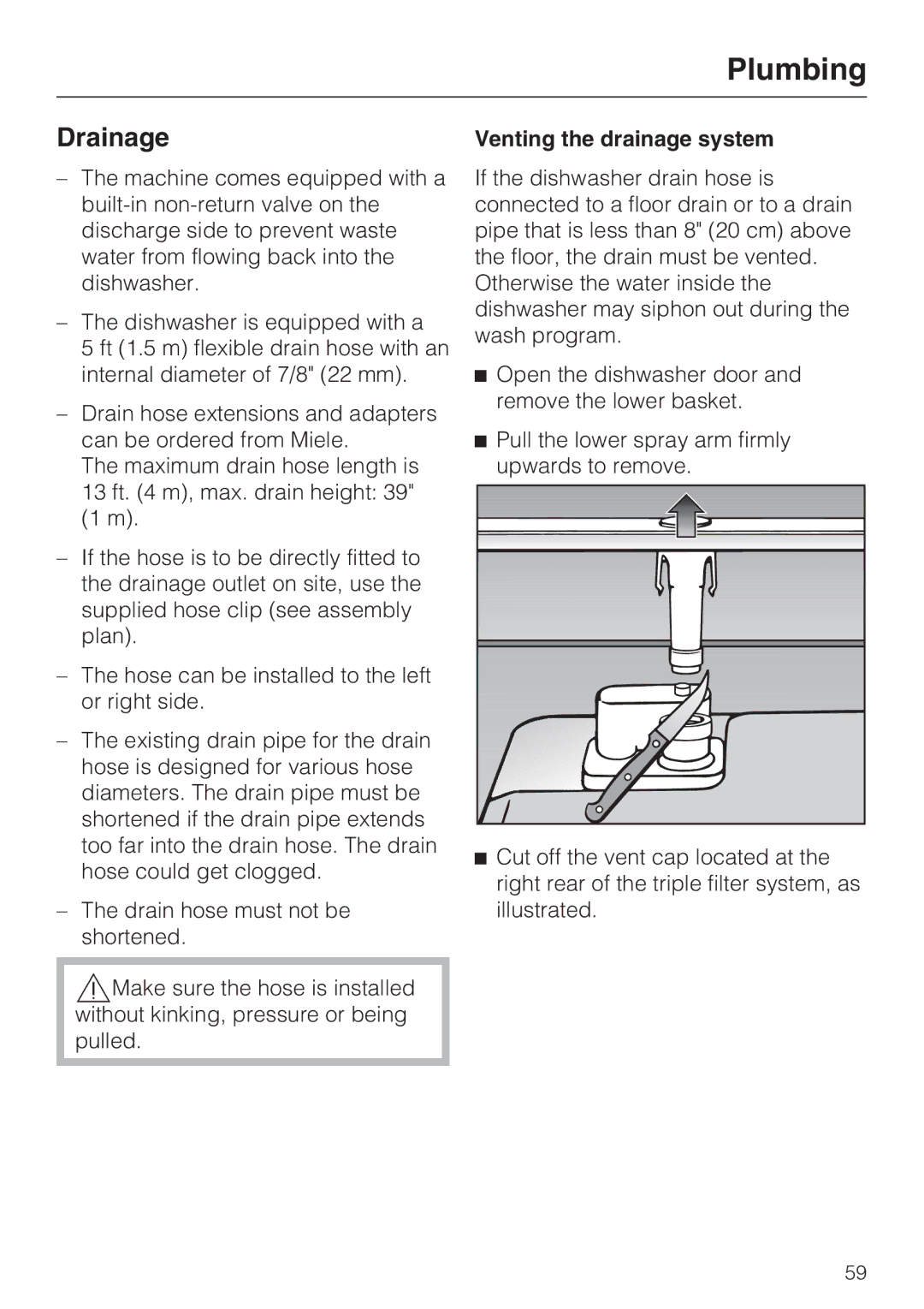 Miele G 1472, G 2472 manual Drainage, Venting the drainage system 