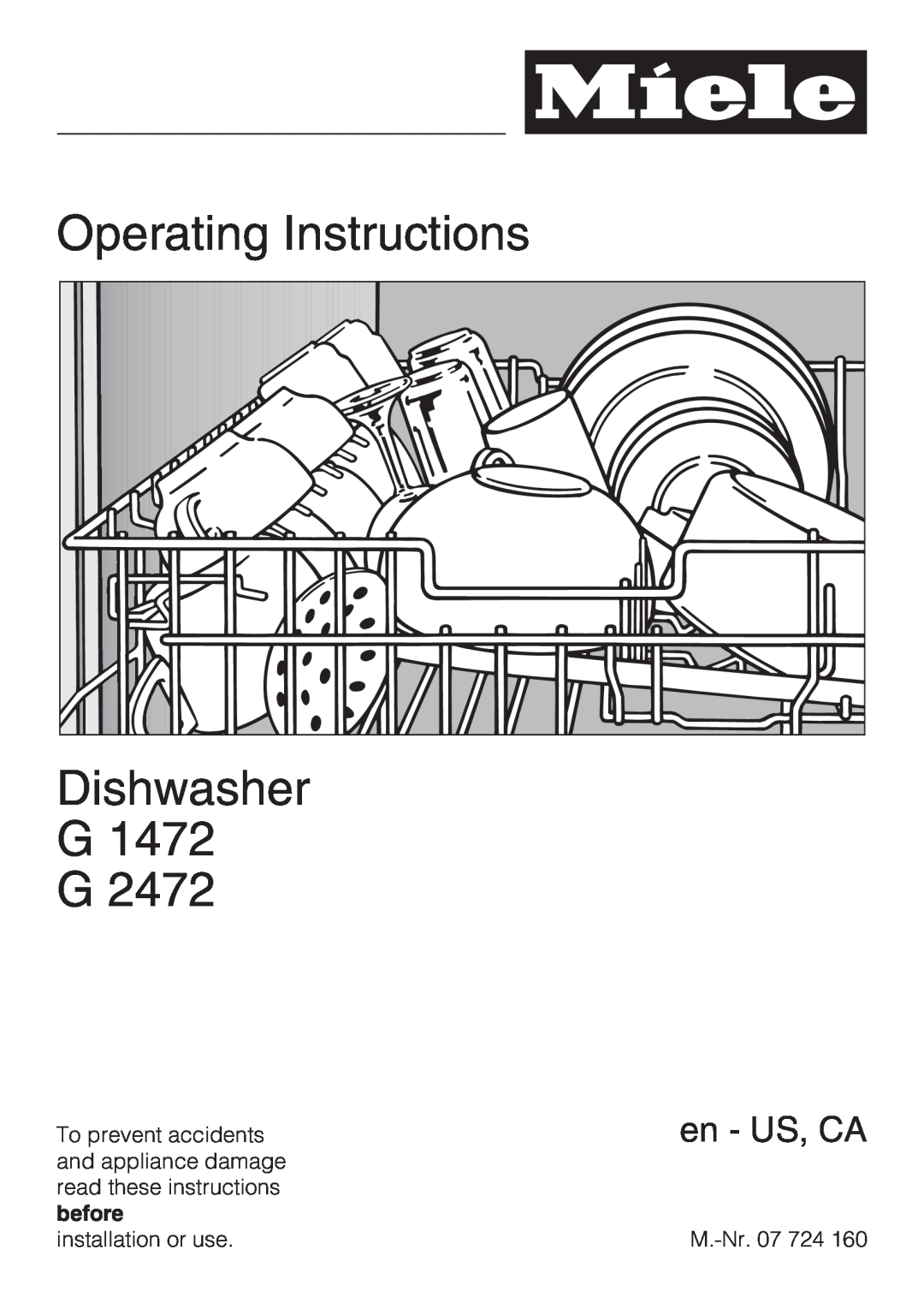 Miele G 1472, G 2472 manual Operating Instructions Dishwasher G1472 G, en - US, CA 