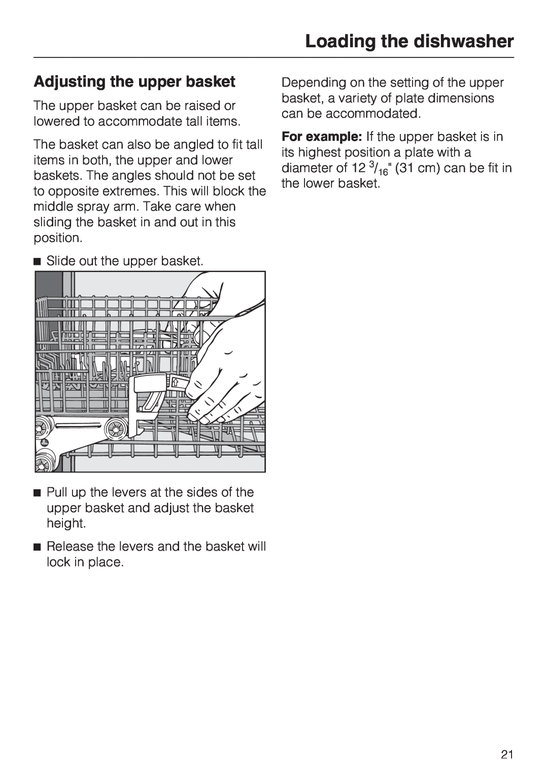 Miele G 1472, G 2472 manual Adjusting the upper basket, Loading the dishwasher 