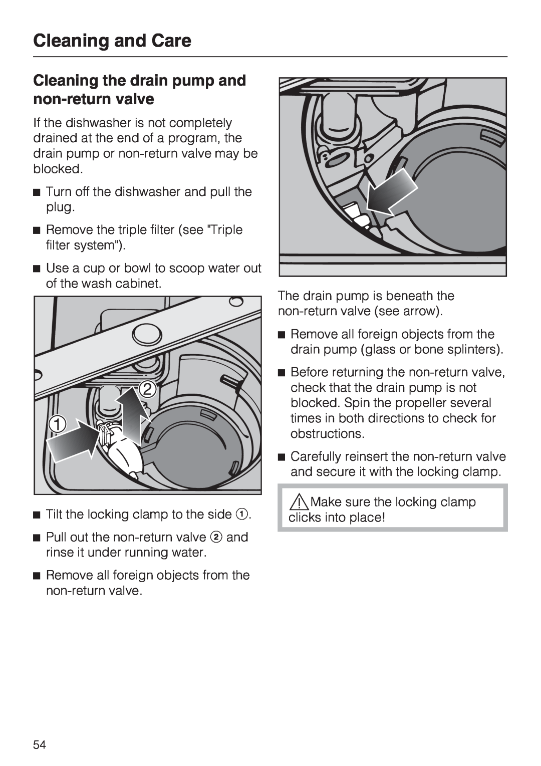 Miele G 2472, G 1472 manual Cleaning the drain pump and non-returnvalve, Cleaning and Care 
