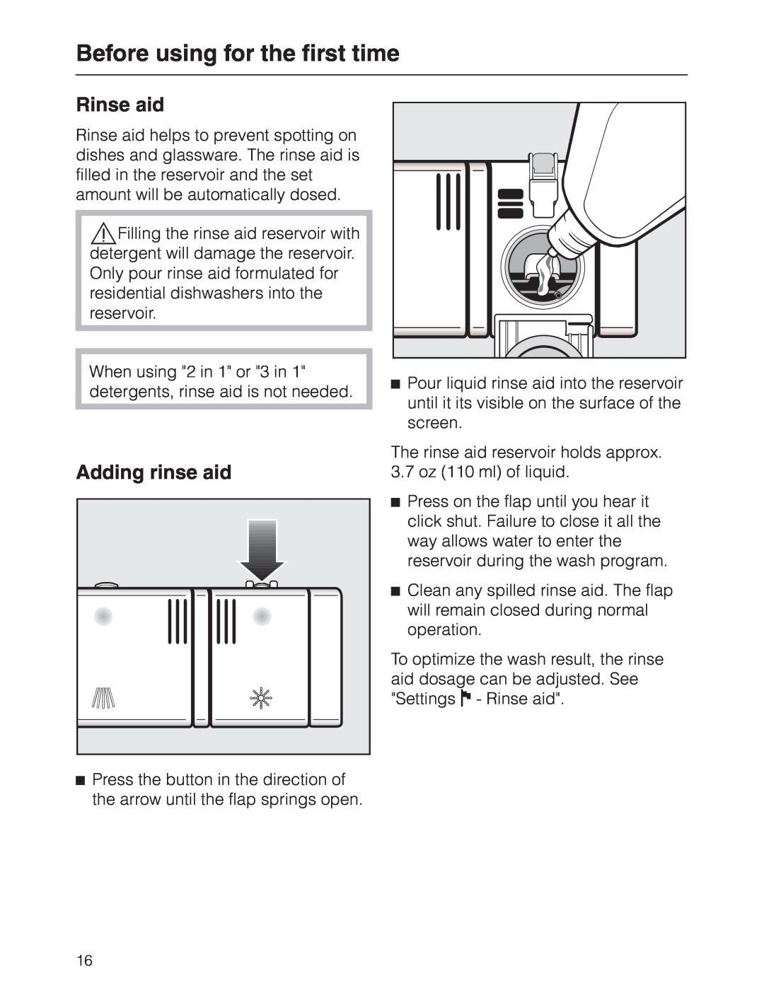 Miele G 2630 SCI manual Rinse aid, Adding rinse aid, Before using for the first time 