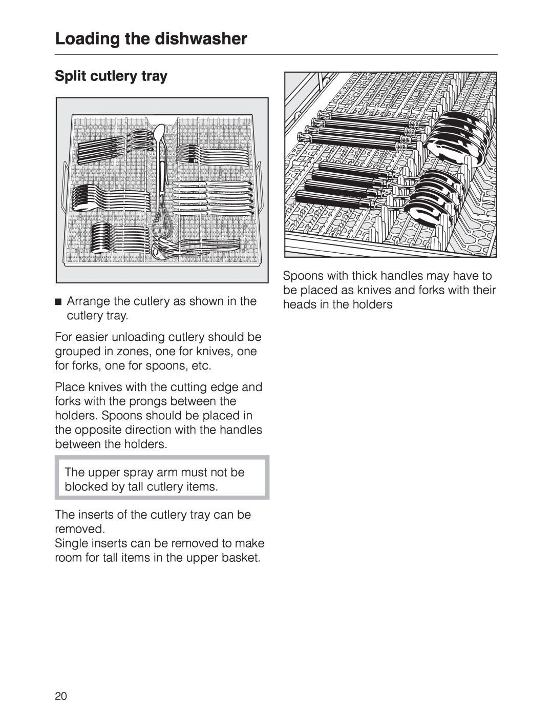 Miele G 2630 SCI manual Split cutlery tray, Loading the dishwasher 