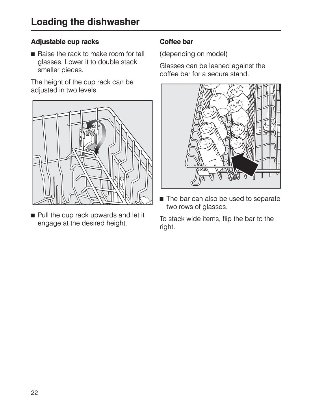Miele G 2630 SCI manual Loading the dishwasher, Adjustable cup racks, Coffee bar 