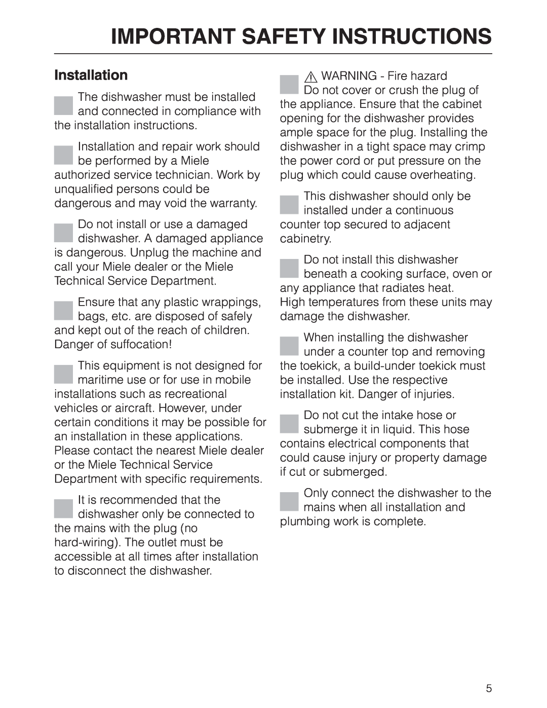 Miele G 2630 SCI manual Installation, Important Safety Instructions 