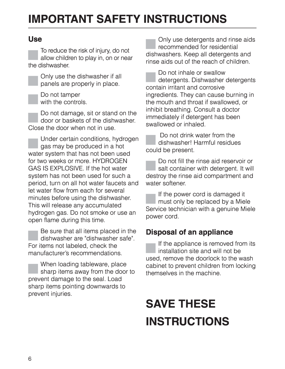 Miele G 2630 SCI manual Save These Instructions, Disposal of an appliance, Important Safety Instructions 