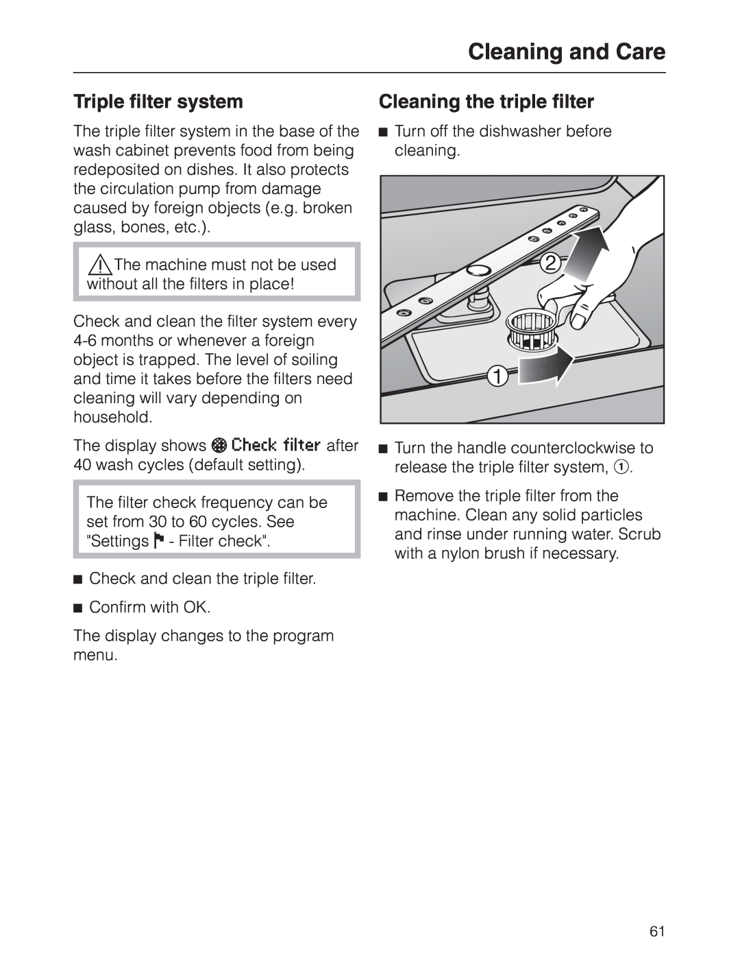 Miele G 2630 SCI manual Triple filter system, Cleaning the triple filter, Cleaning and Care 